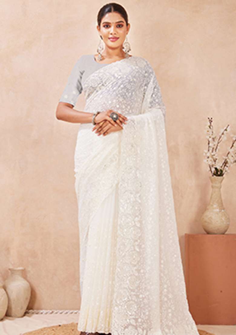 Off White Sequins Embroidery Work Georgette Saree Set - Indya