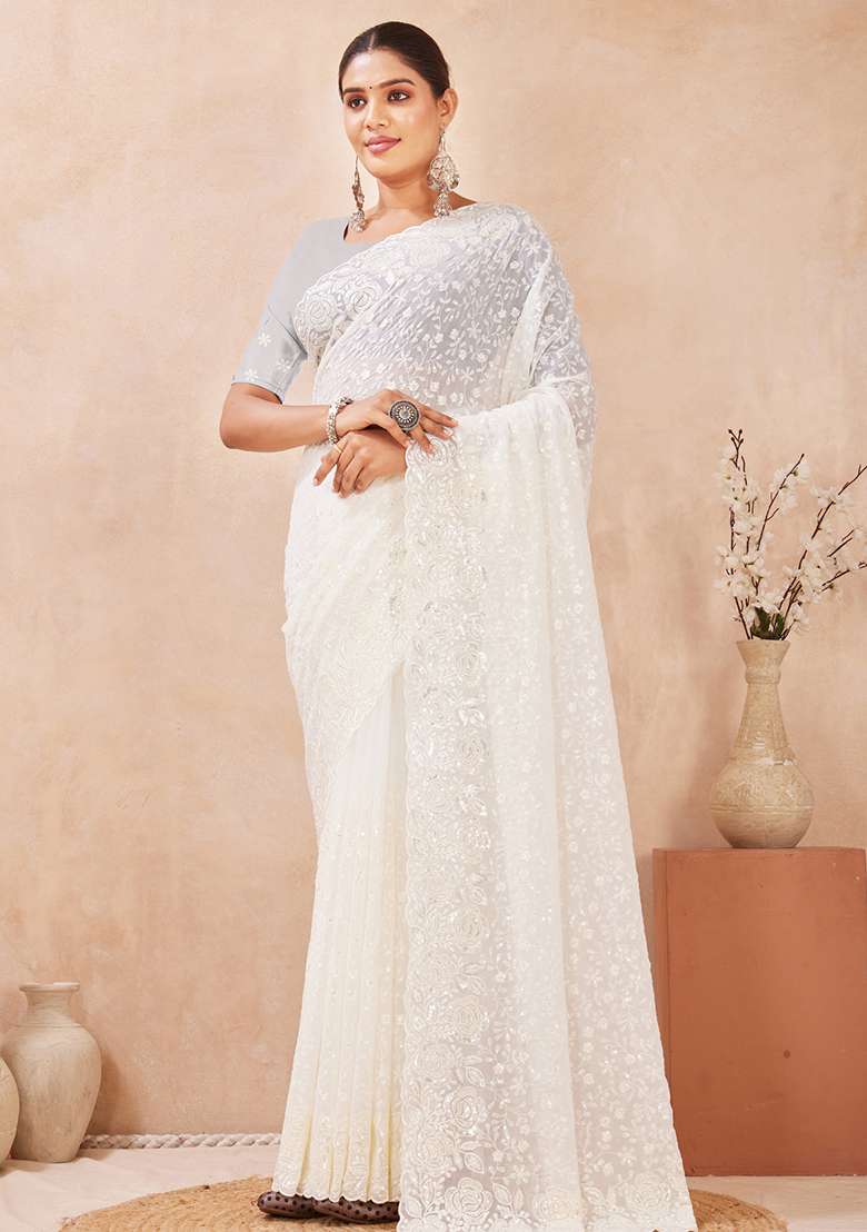 Off White Sequins Embroidery Work Georgette Saree Set - Indya