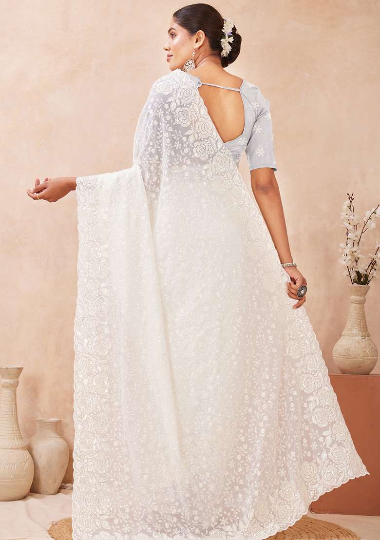 Off White Sequins Embroidery Work Georgette Saree Set - Indya