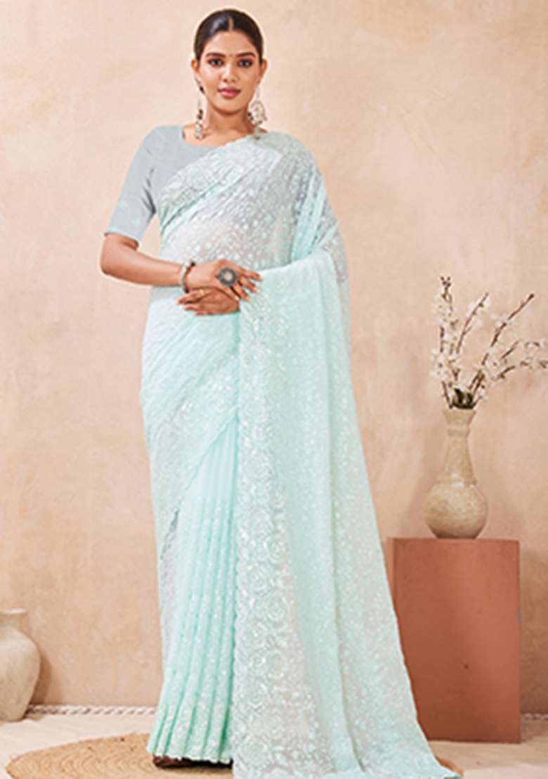 Sea Green Sequins Embroidery Work Georgette Saree Set - Indya