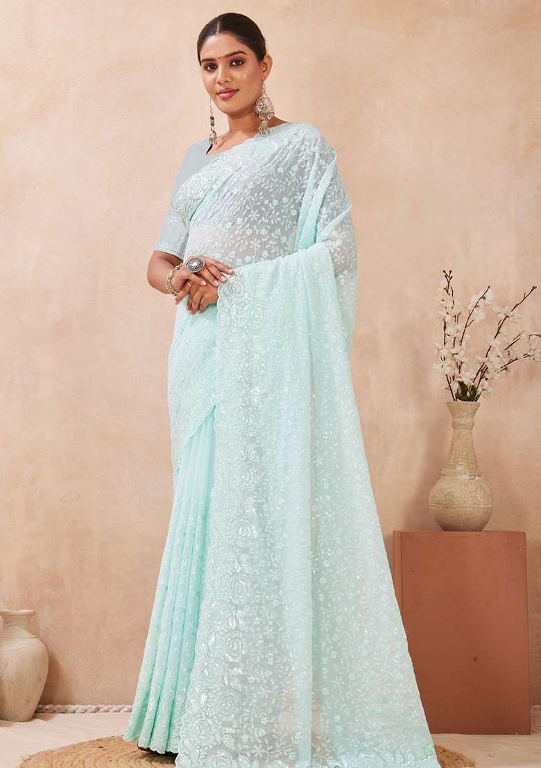 Sea Green Sequins Embroidery Work Georgette Saree Set - Indya