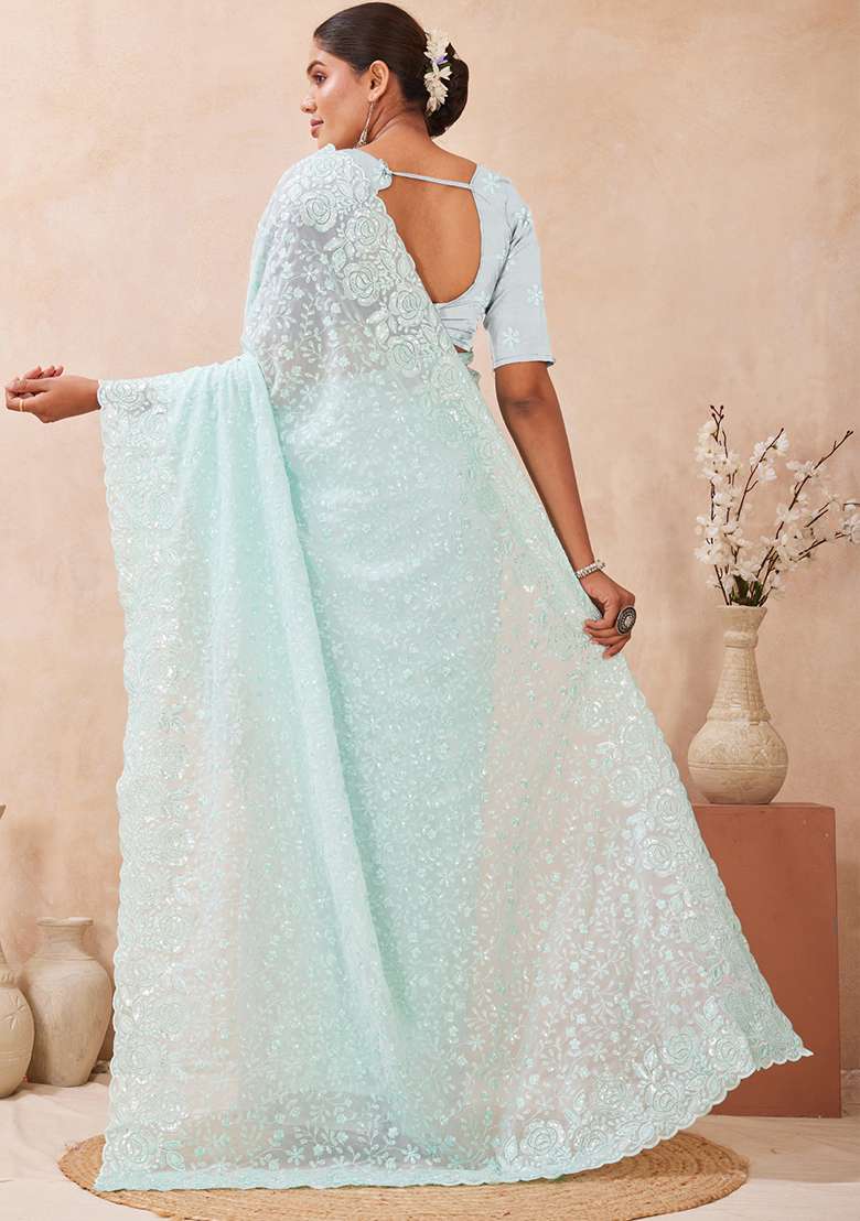 Sea Green Sequins Embroidery Work Georgette Saree Set - Indya