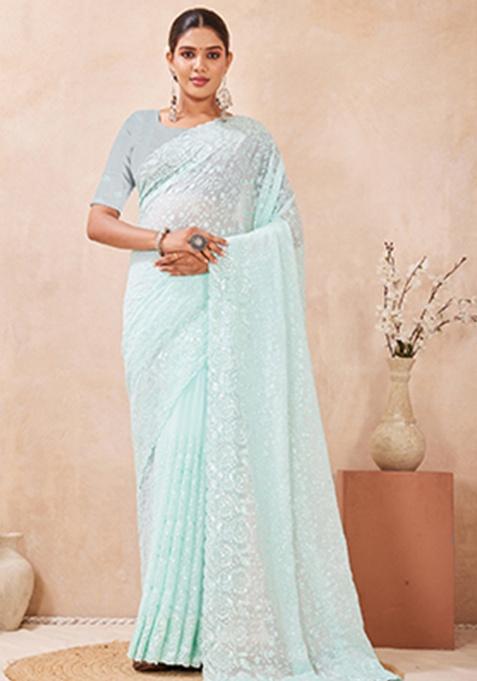 Sea Green Sequins Embroidery Work Georgette Saree Set
