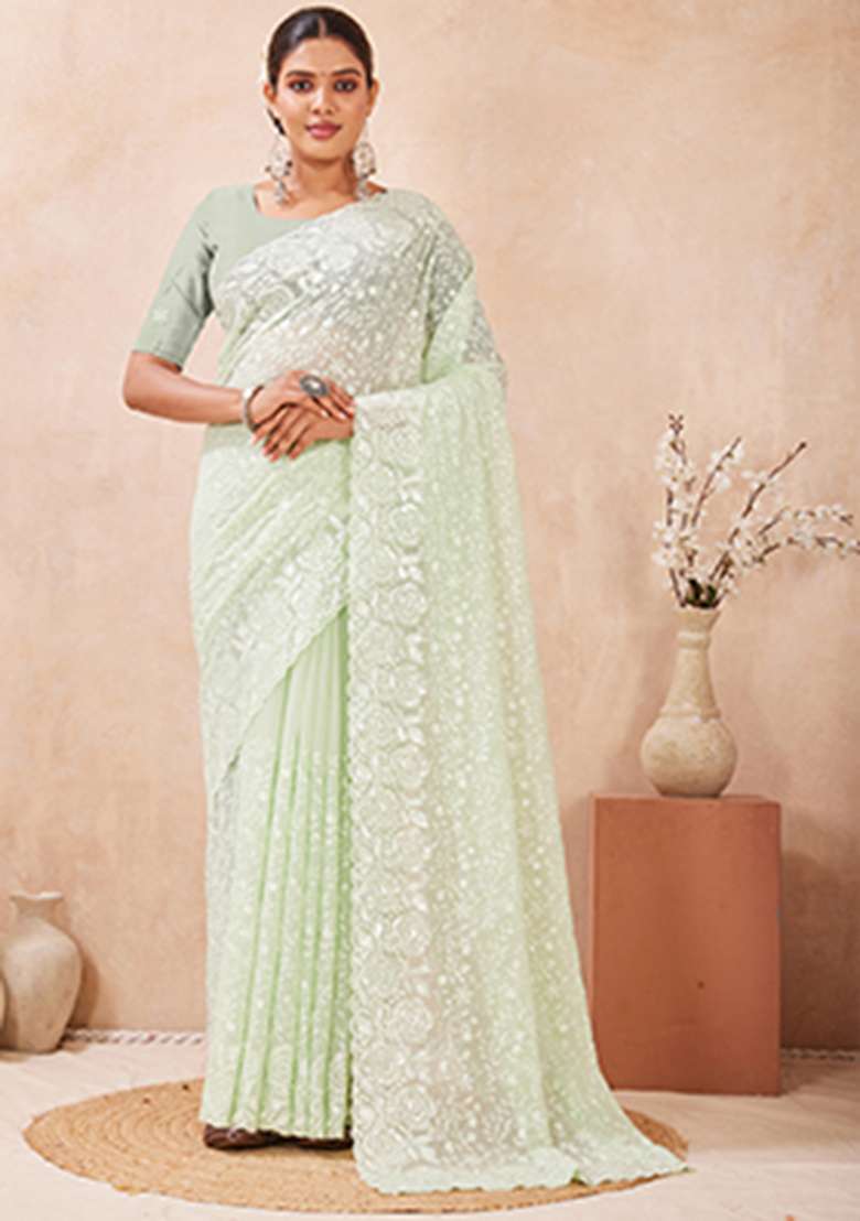 Green Sequins Embroidery Work Georgette Saree Set - Indya