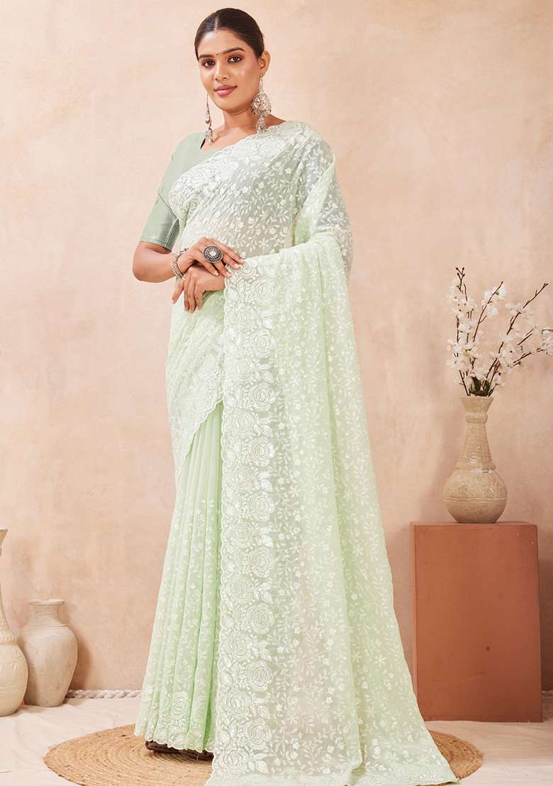 Green Sequins Embroidery Work Georgette Saree Set - Indya