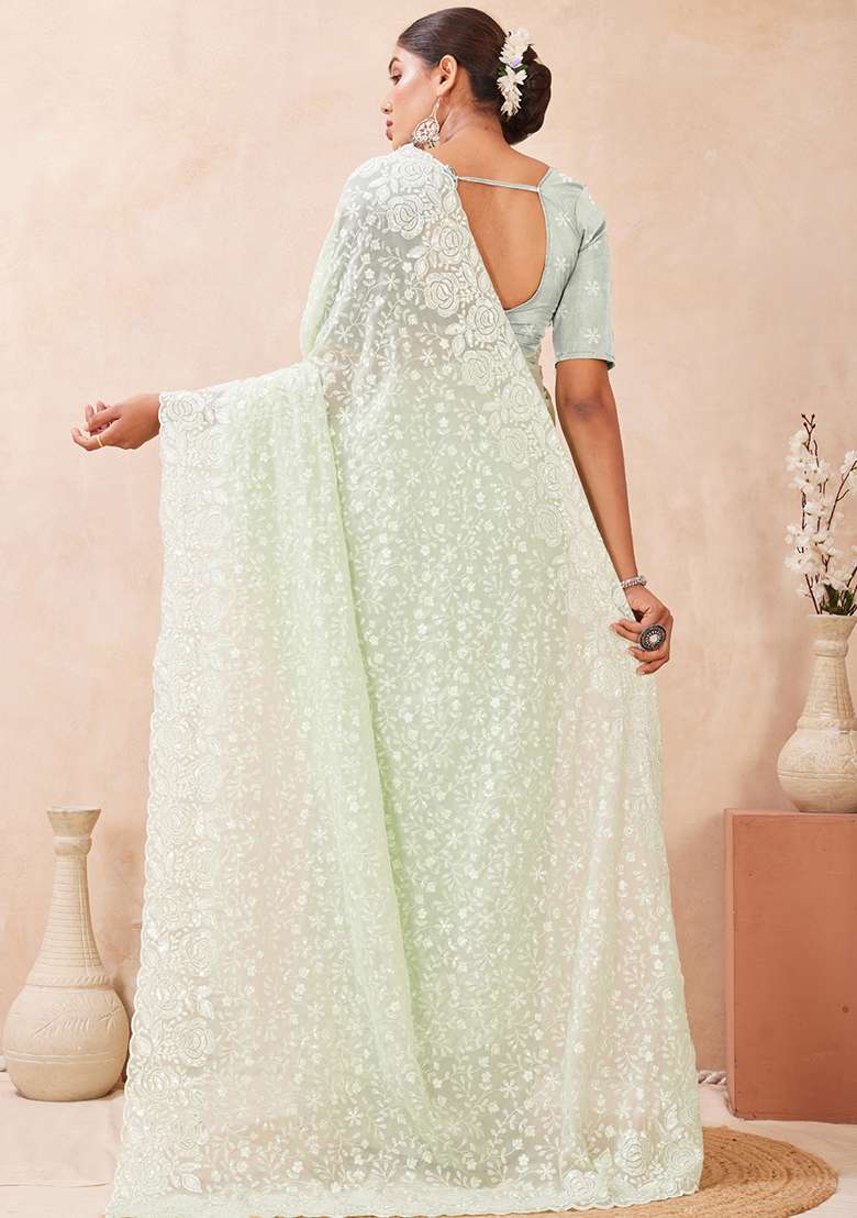 Green Sequins Embroidery Work Georgette Saree Set - Indya