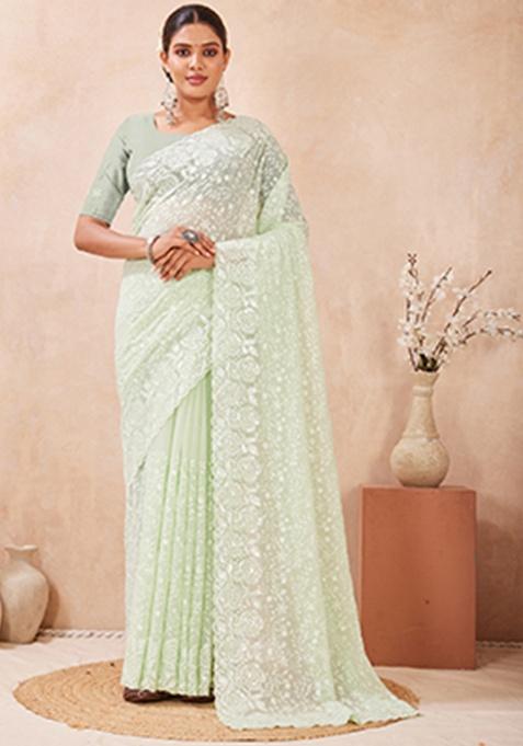 Green Sequins Embroidery Work Georgette Saree Set