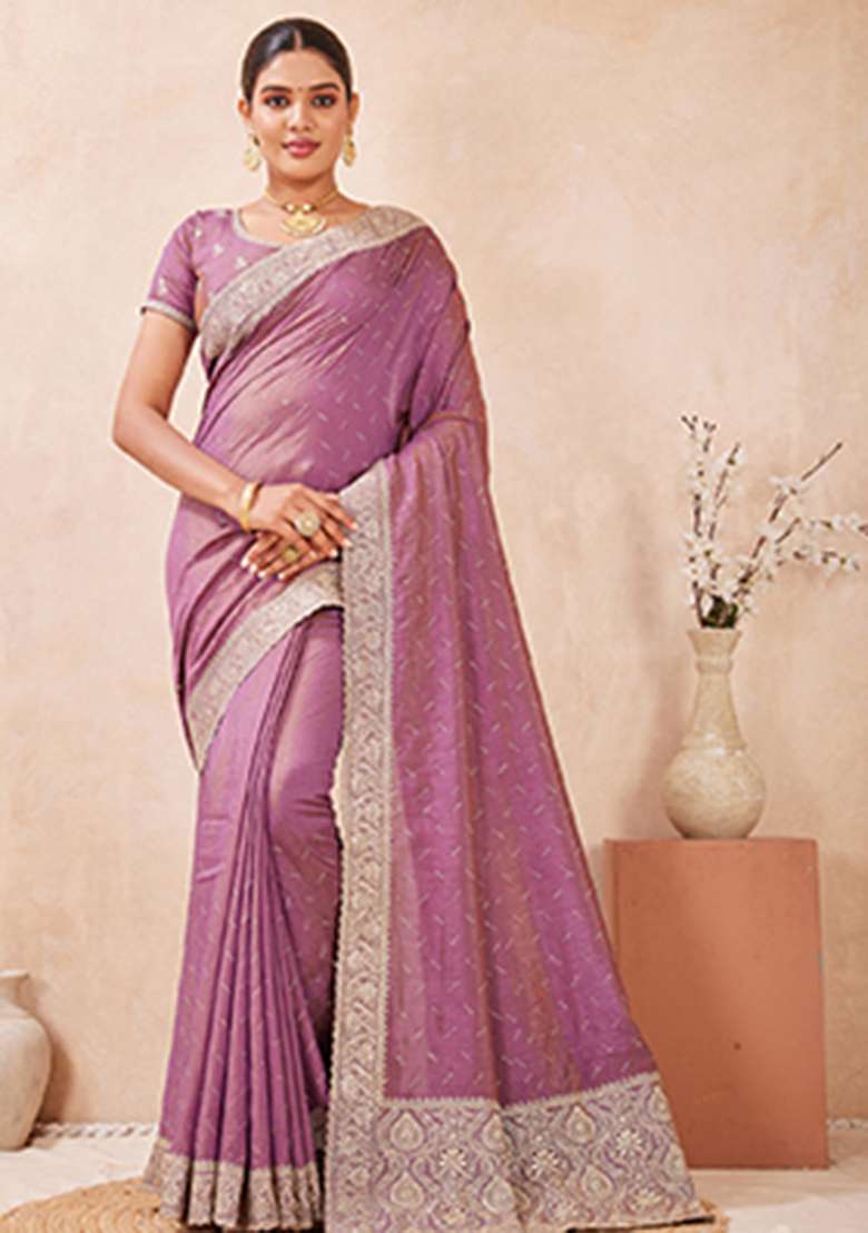 Lavender Sequins Embroidery Work Silk Blend Saree Set for Diwali and Festive Wear - Indya