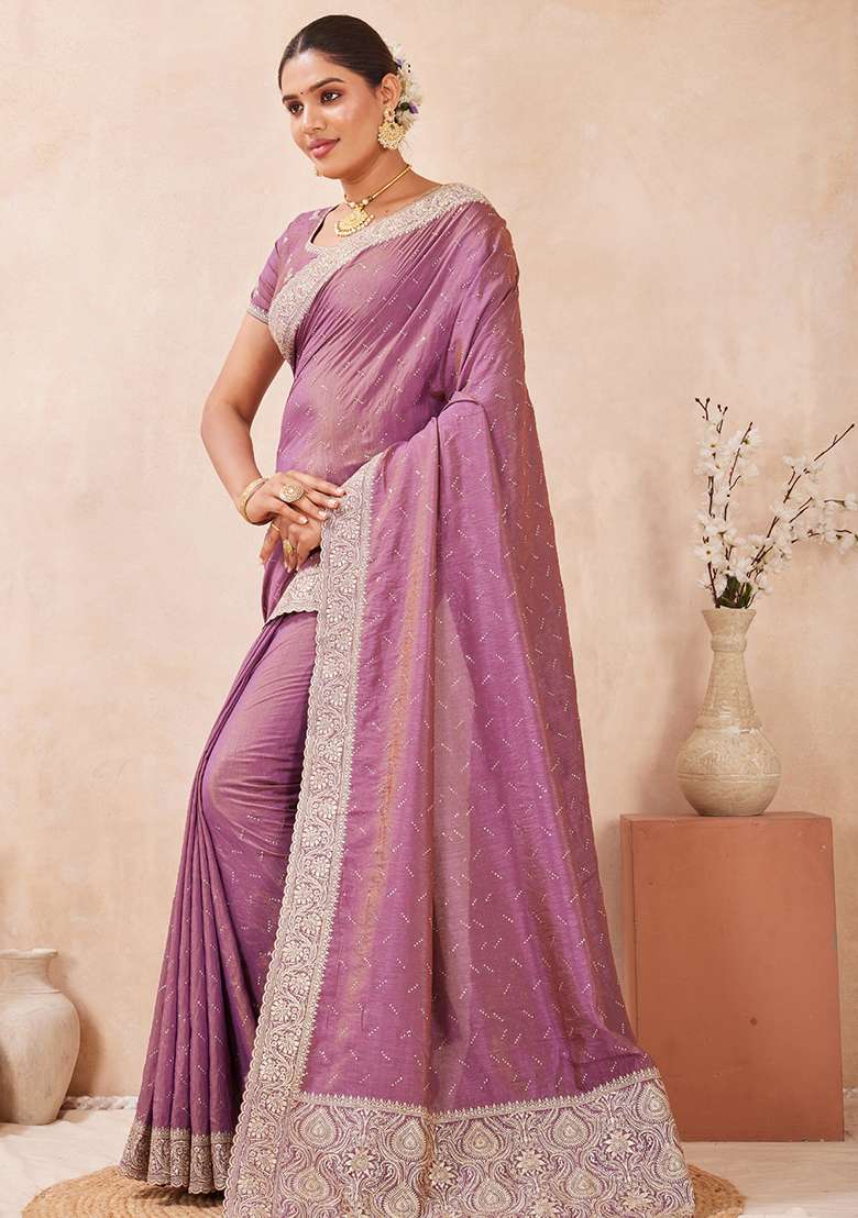 Lavender Sequins Embroidery Work Silk Blend Saree Set for Diwali and Festive Wear - Indya