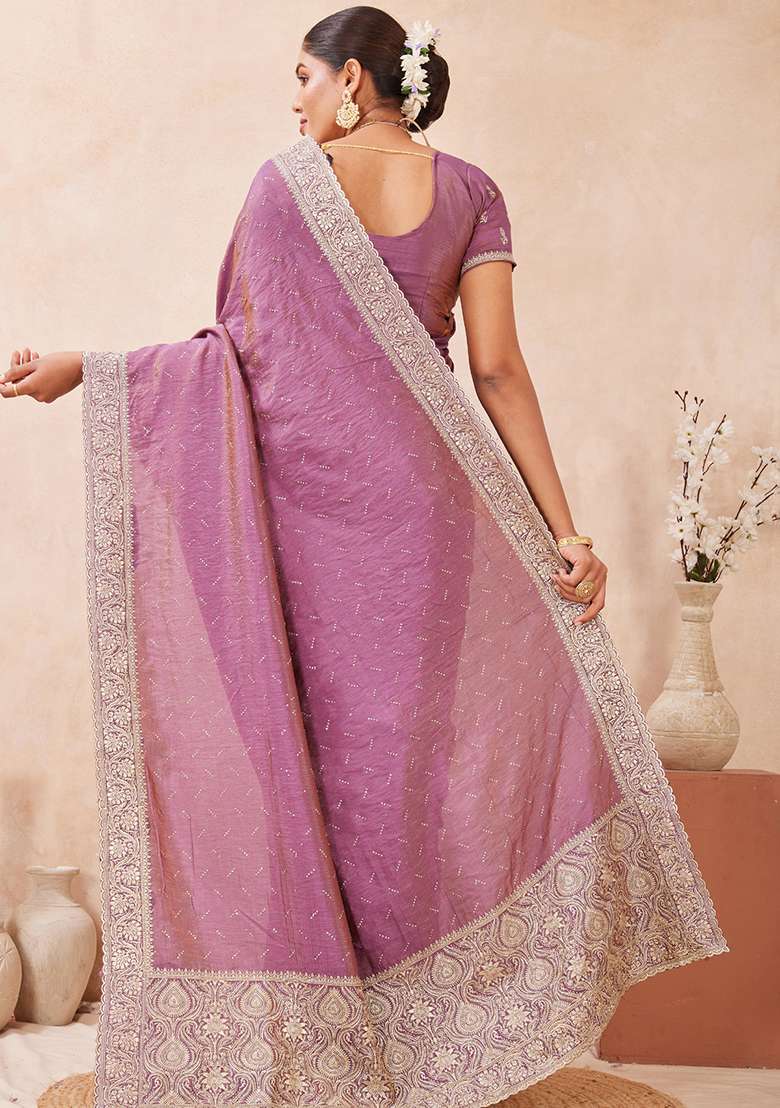 Lavender Sequins Embroidery Work Silk Blend Saree Set for Diwali and Festive Wear - Indya