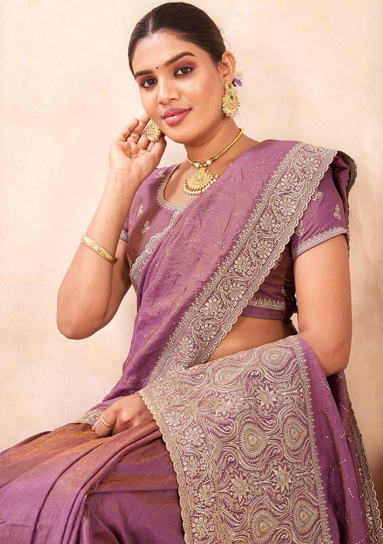 Lavender Sequins Embroidery Work Silk Blend Saree Set for Diwali and Festive Wear - Indya