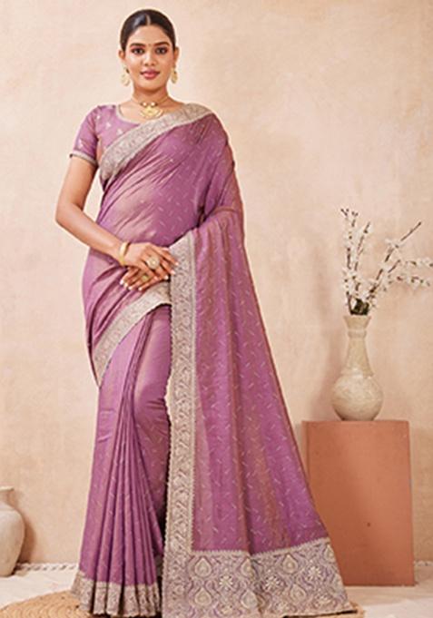 Lavender Sequins Embroidery Work Silk Saree Set