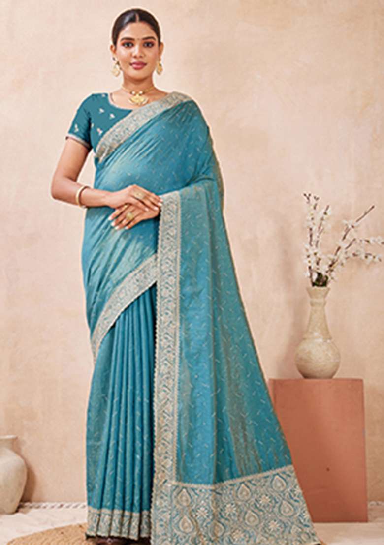 Sky Blue Work Silk Blend Saree Set with Embroidery & Sequins for Diwali | Wedding & Festive Wear - Indya