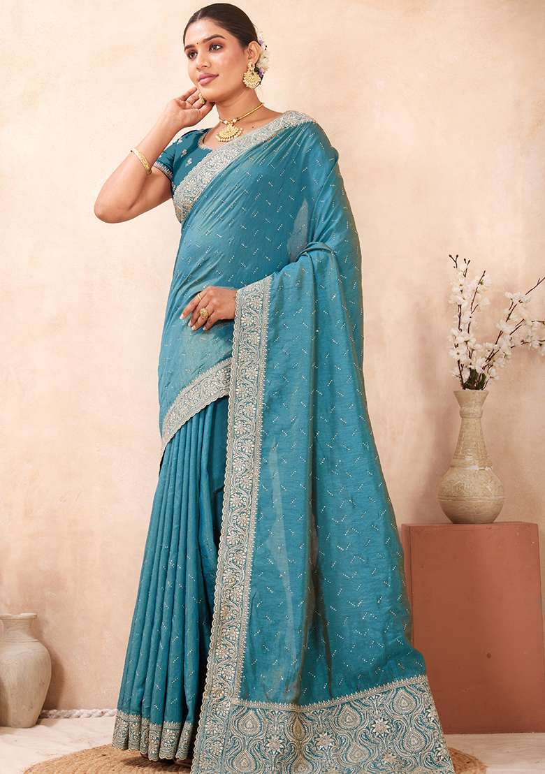 Sky Blue Work Silk Blend Saree Set with Embroidery & Sequins for Diwali | Wedding & Festive Wear - Indya