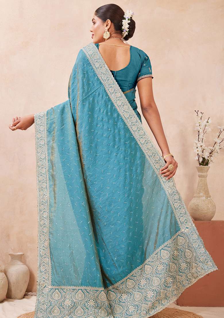 Sky Blue Work Silk Blend Saree Set with Embroidery & Sequins for Diwali | Wedding & Festive Wear - Indya