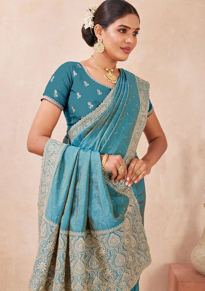 Sky Blue Work Silk Blend Saree Set with Embroidery & Sequins for Diwali | Wedding & Festive Wear - Indya