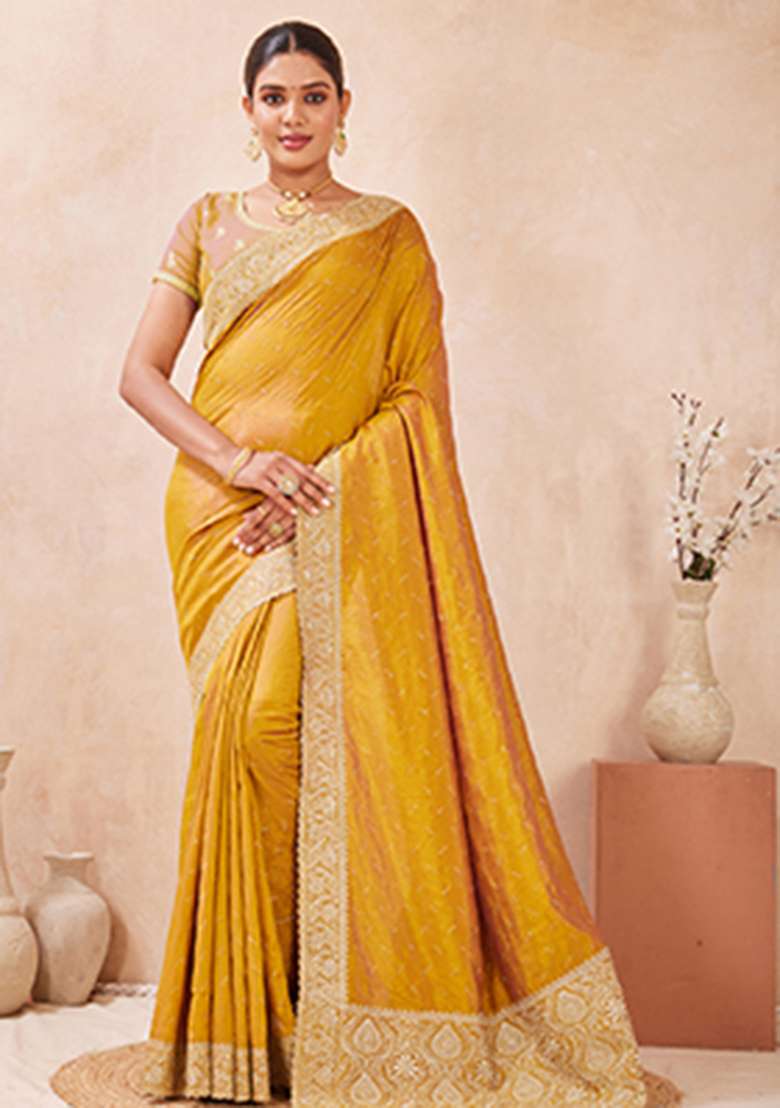 Mustard Work Silk Blend Saree Set with Embroidery & Sequins for Diwali | Wedding & Festive Wear - Indya