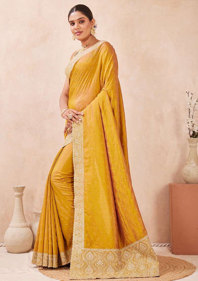 Mustard Work Silk Blend Saree Set with Embroidery & Sequins for Diwali | Wedding & Festive Wear - Indya