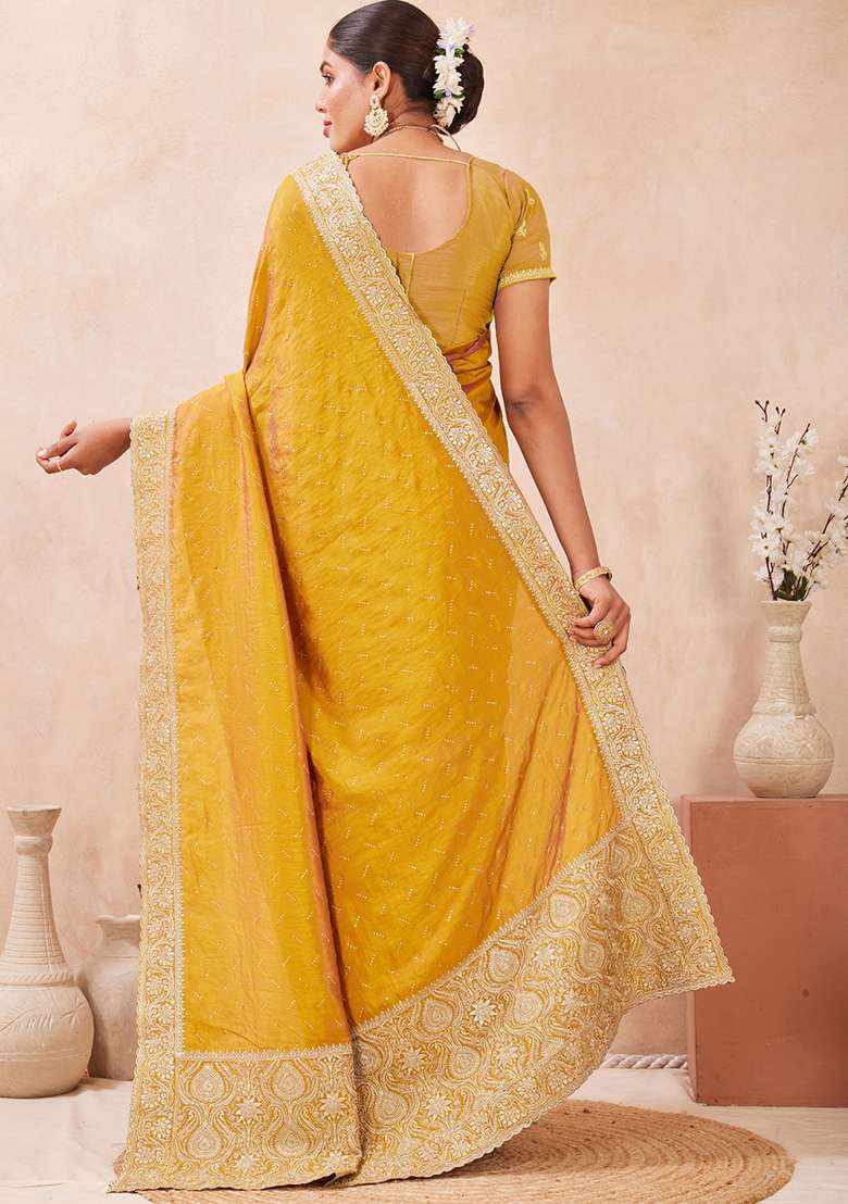 Mustard Work Silk Blend Saree Set with Embroidery & Sequins for Diwali | Wedding & Festive Wear - Indya
