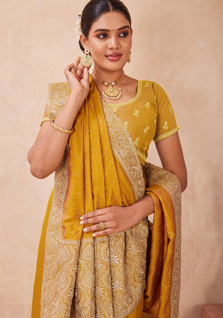 Mustard Work Silk Blend Saree Set with Embroidery & Sequins for Diwali | Wedding & Festive Wear - Indya