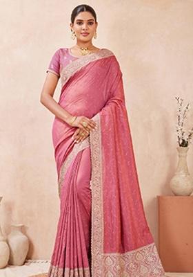 Pink Sequins Embroidery Work Silk Saree Set