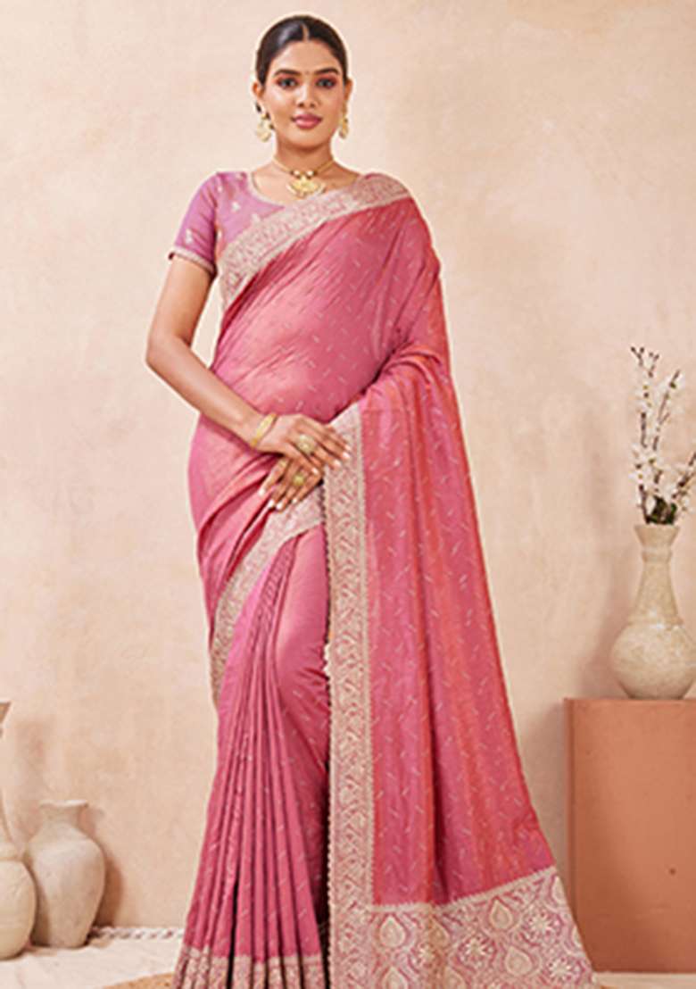 Pink Sequins Embroidery Work Silk Blend Saree Set for Diwali and Festive Wear - Indya