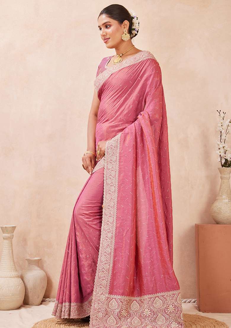 Pink Sequins Embroidery Work Silk Blend Saree Set for Diwali and Festive Wear - Indya