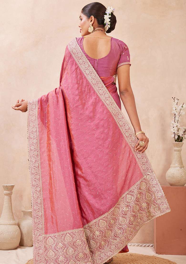 Pink Sequins Embroidery Work Silk Blend Saree Set for Diwali and Festive Wear - Indya