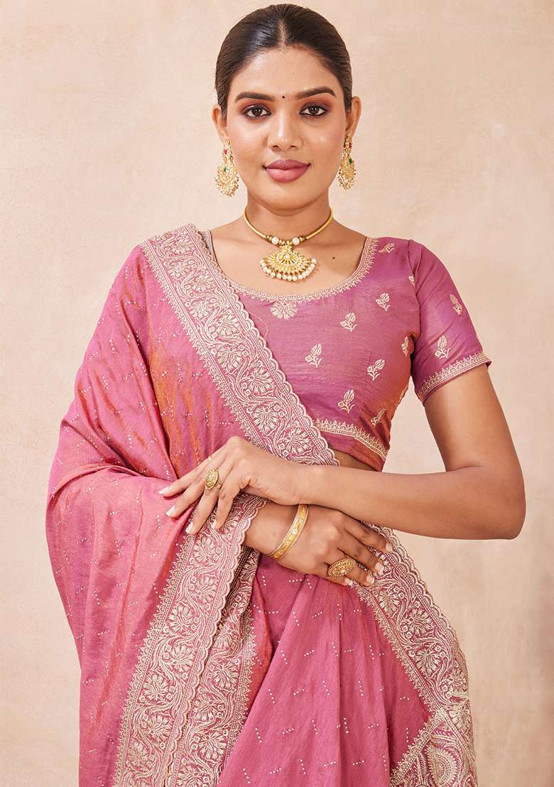 Pink Sequins Embroidery Work Silk Blend Saree Set for Diwali and Festive Wear - Indya
