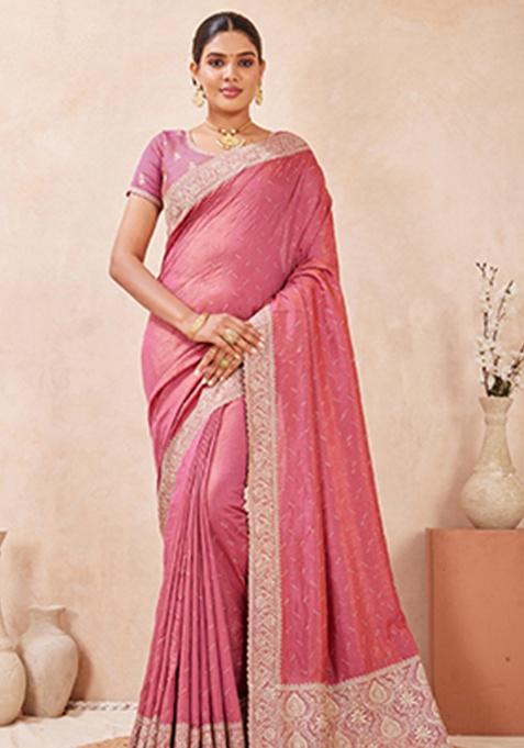 Pink Sequins Embroidery Work Silk Saree Set