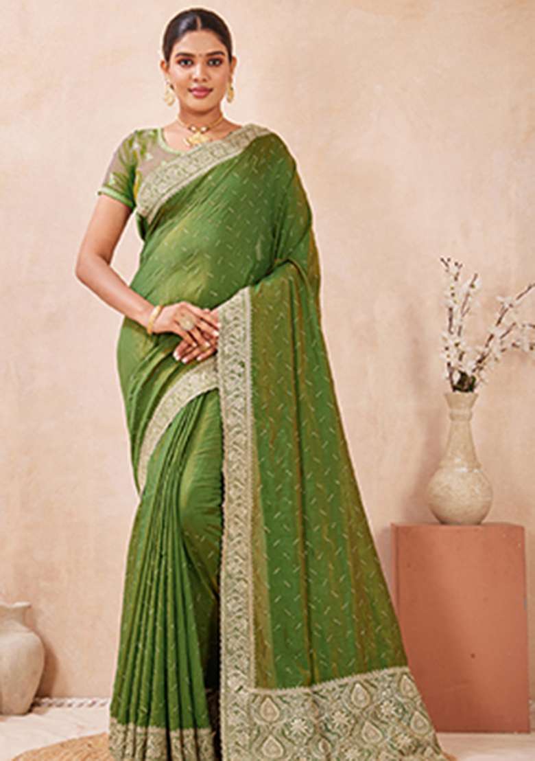 Green Sequins Embroidery Work Silk Blend Saree Set for Diwali and Festive Wear - Indya
