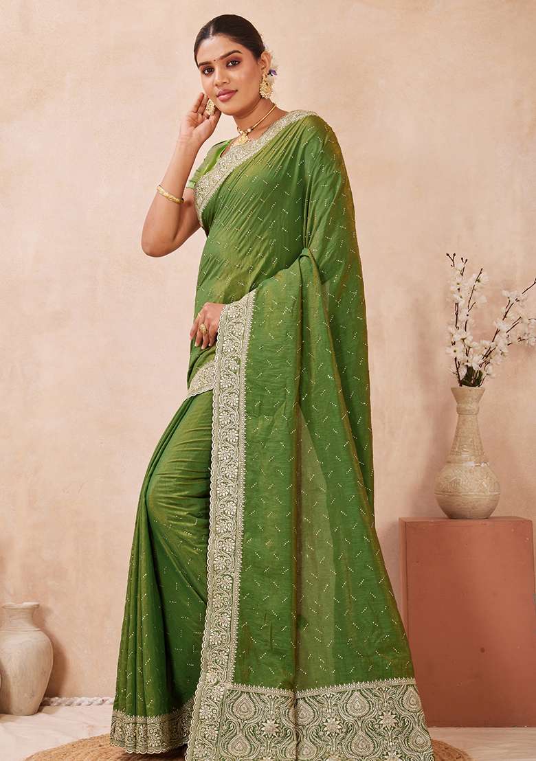 Green Sequins Embroidery Work Silk Blend Saree Set for Diwali and Festive Wear - Indya