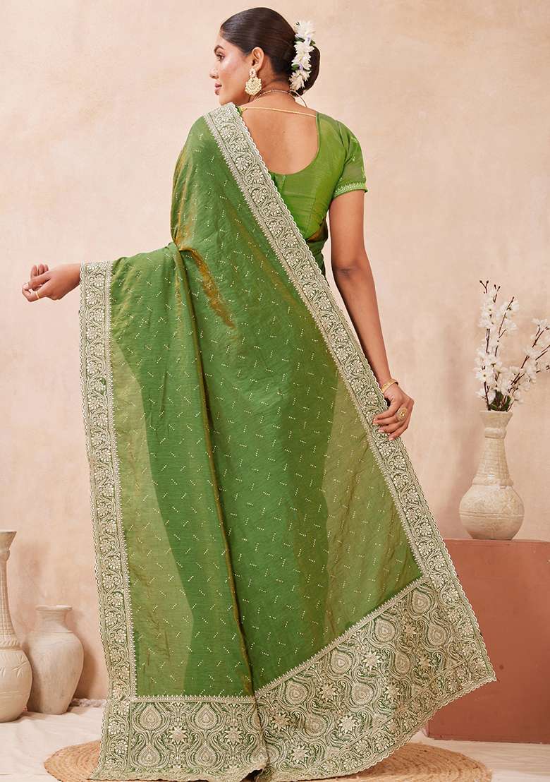 Green Sequins Embroidery Work Silk Blend Saree Set for Diwali and Festive Wear - Indya