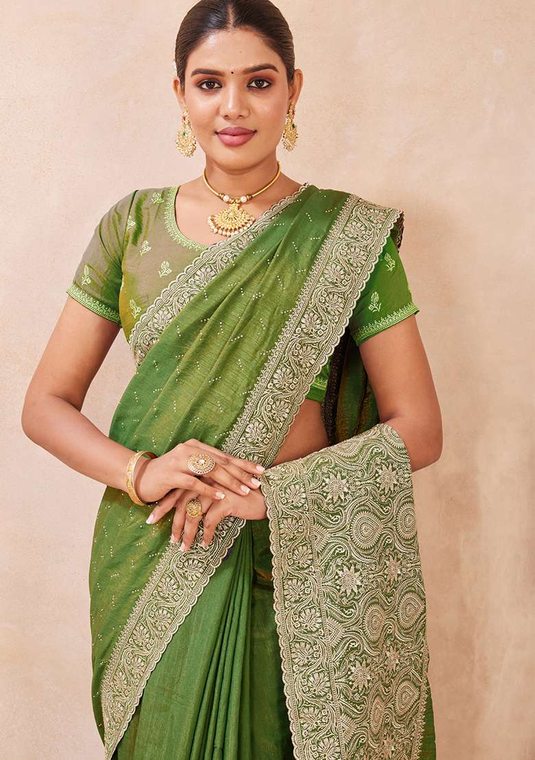 Green Sequins Embroidery Work Silk Blend Saree Set for Diwali and Festive Wear - Indya