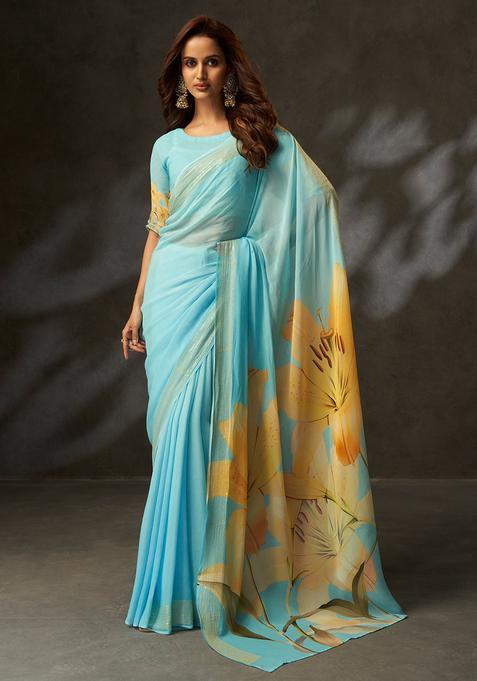 Sky Blue Printed Georgette Saree Set