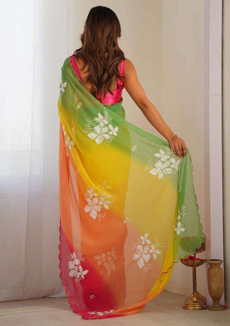 Pink Georgette Saree Set with Embroidery for Diwali | Wedding & Festive Wear - Indya