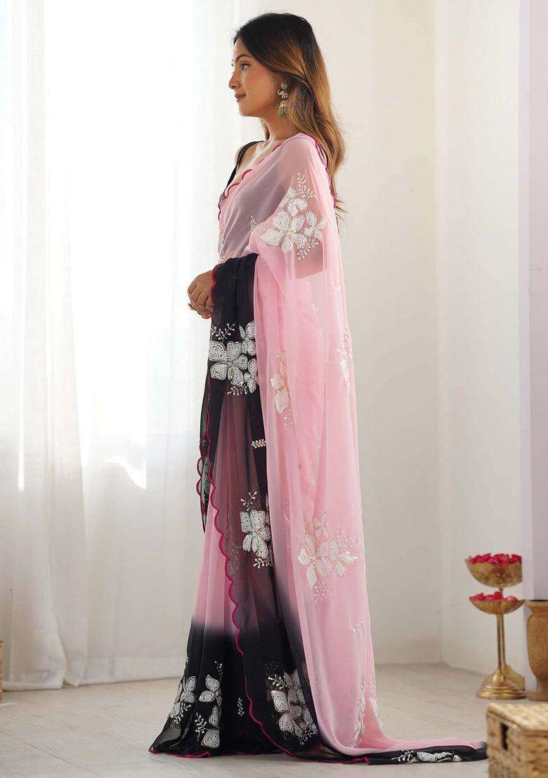 BLACK Embroidery Georgette Saree Set for Diwali and Festive Wear - Indya