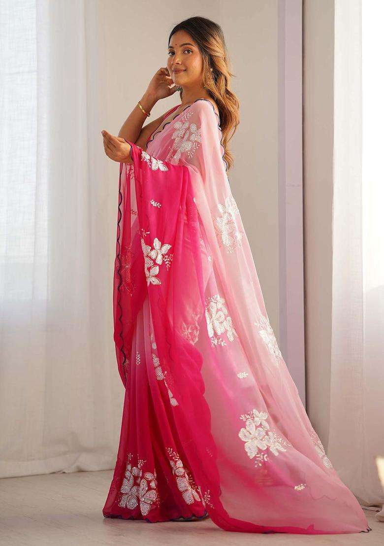 Pink Embroidery Georgette Saree Set for Diwali and Festive Wear - Indya
