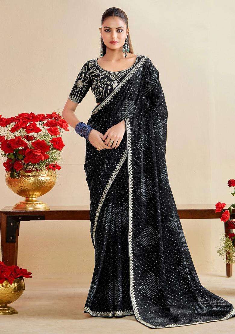 BLACK Chiffon Saree Set with Embroidery for Diwali | Wedding & Festive Wear - Indya
