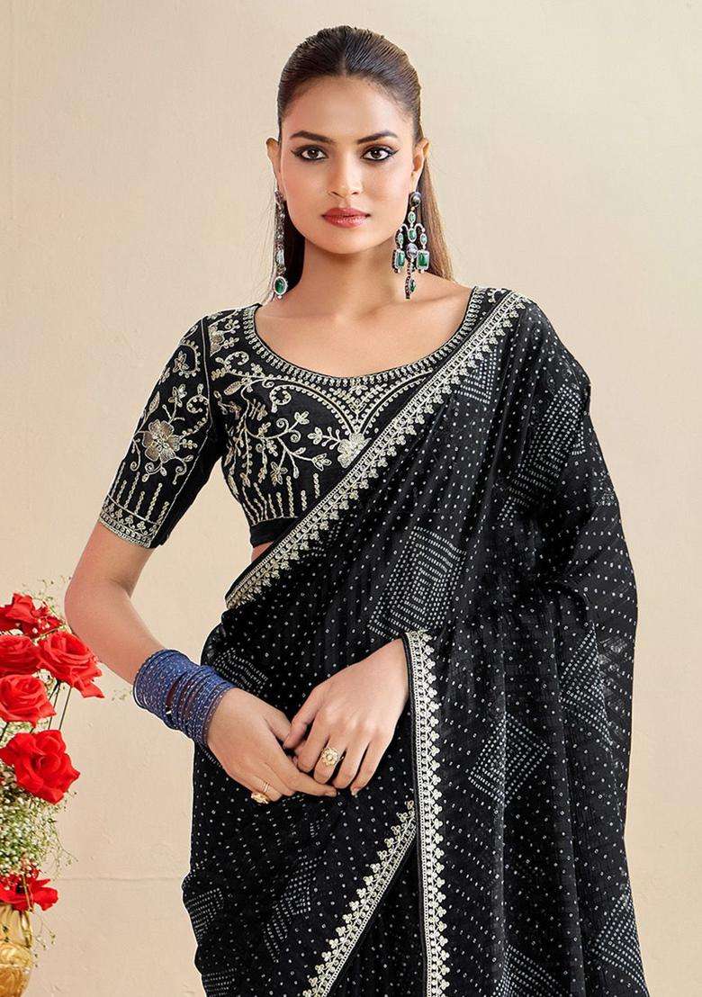 BLACK Chiffon Saree Set with Embroidery for Diwali | Wedding & Festive Wear - Indya