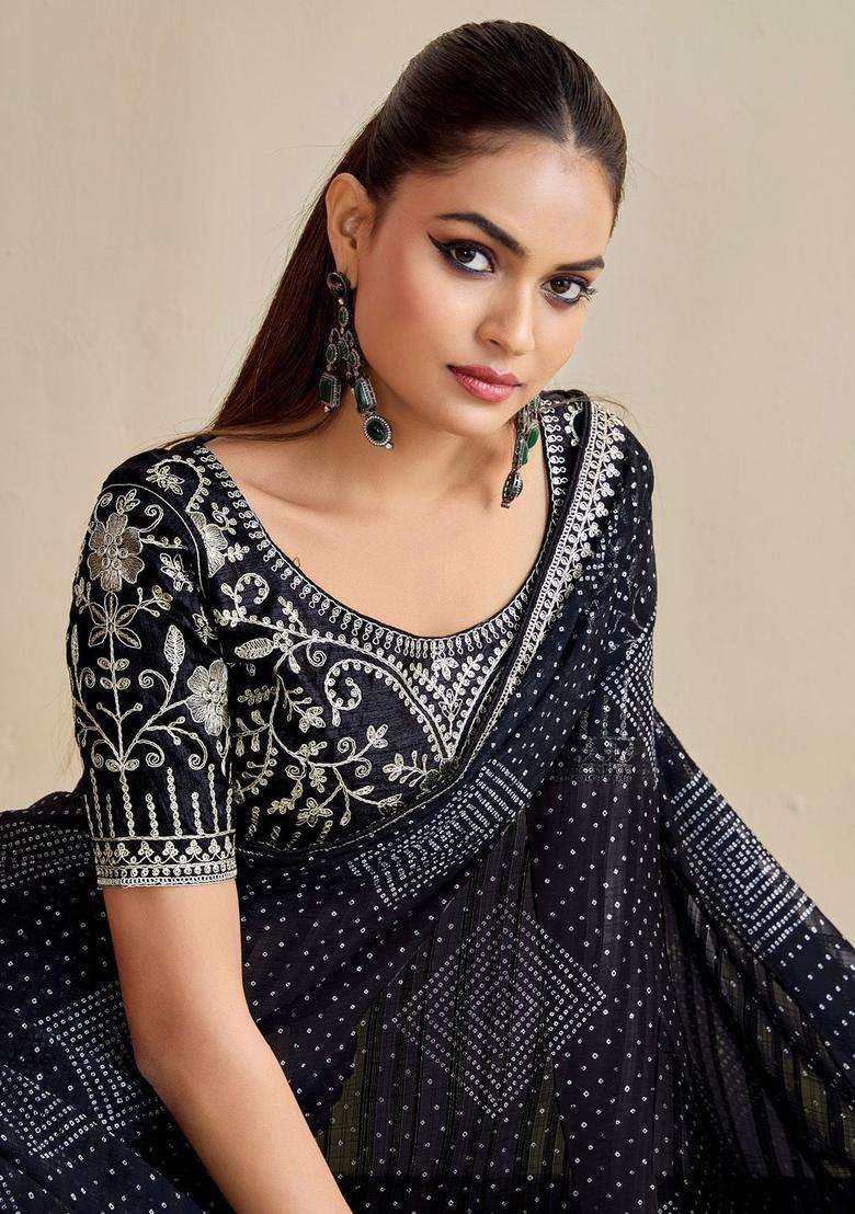 BLACK Chiffon Saree Set with Embroidery for Diwali | Wedding & Festive Wear - Indya