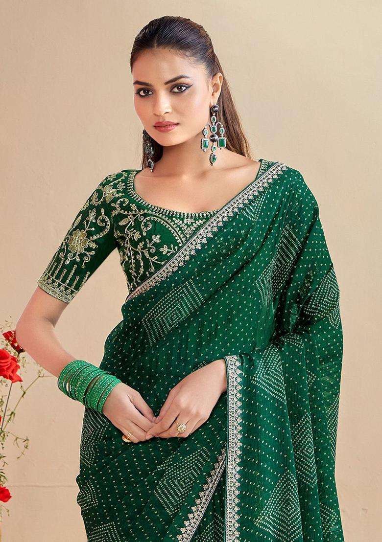Green Chiffon Saree Set with Embroidery for Diwali | Wedding & Festive Wear - Indya