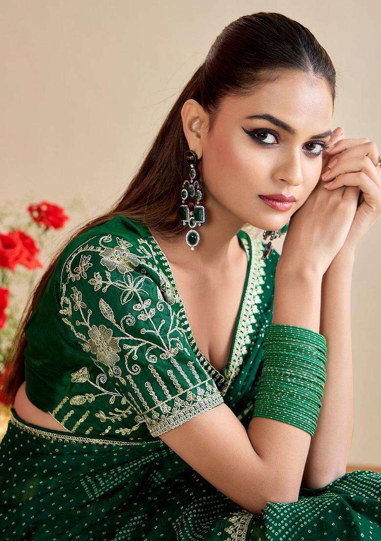 Green Chiffon Saree Set with Embroidery for Diwali | Wedding & Festive Wear - Indya