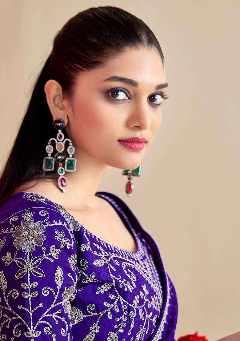 JAMUN Chiffon Saree Set with Embroidery for Diwali | Wedding & Festive Wear - Indya