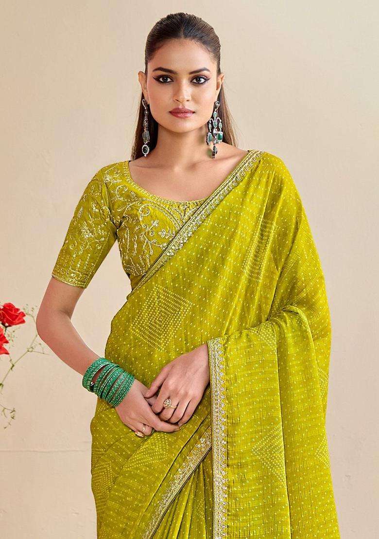 OLIVE Embroidery Chiffon Saree Set for Diwali and Festive Wear - Indya