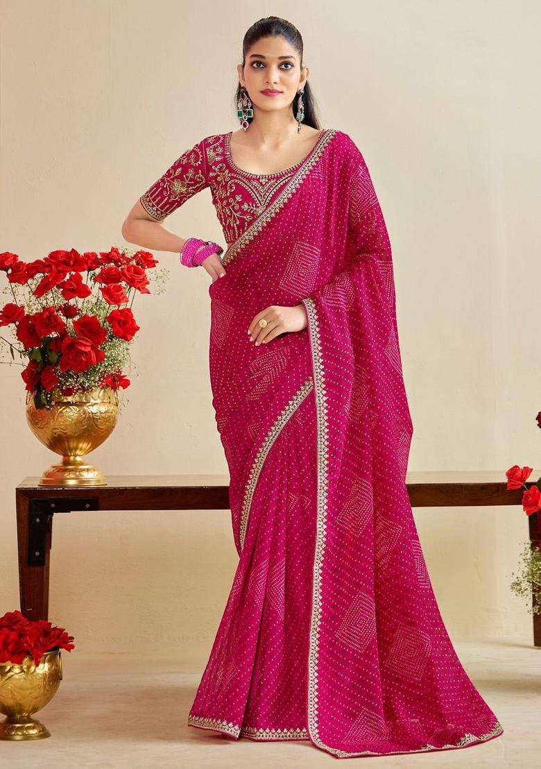 Pink Chiffon Saree Set with Embroidery for Diwali | Wedding & Festive Wear - Indya