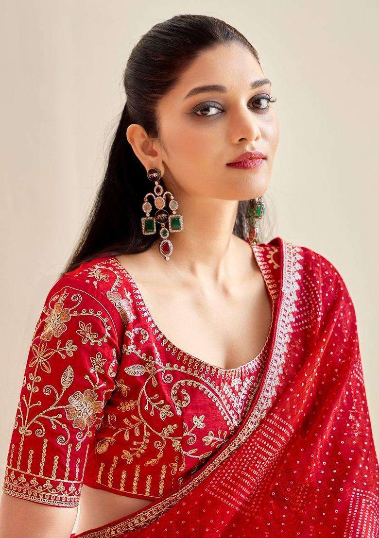 RED Chiffon Saree Set with Embroidery for Diwali | Wedding & Festive Wear - Indya