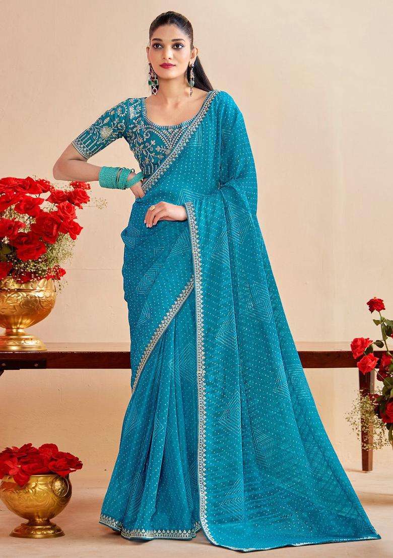 Sky Blue Chiffon Saree Set with Embroidery for Diwali | Wedding & Festive Wear - Indya