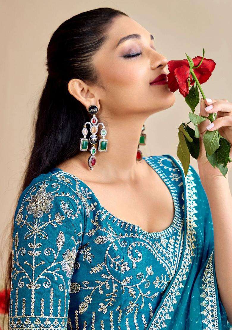 Sky Blue Chiffon Saree Set with Embroidery for Diwali | Wedding & Festive Wear - Indya