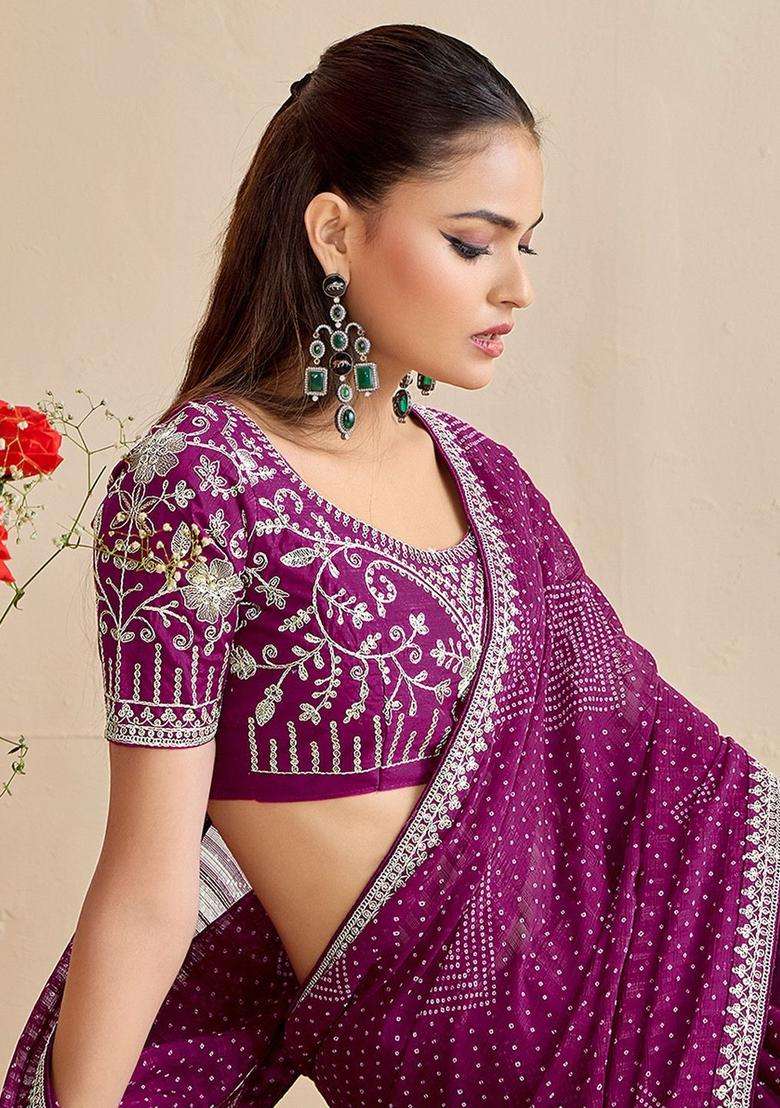 WINE Chiffon Saree Set with Embroidery for Diwali | Wedding & Festive Wear - Indya